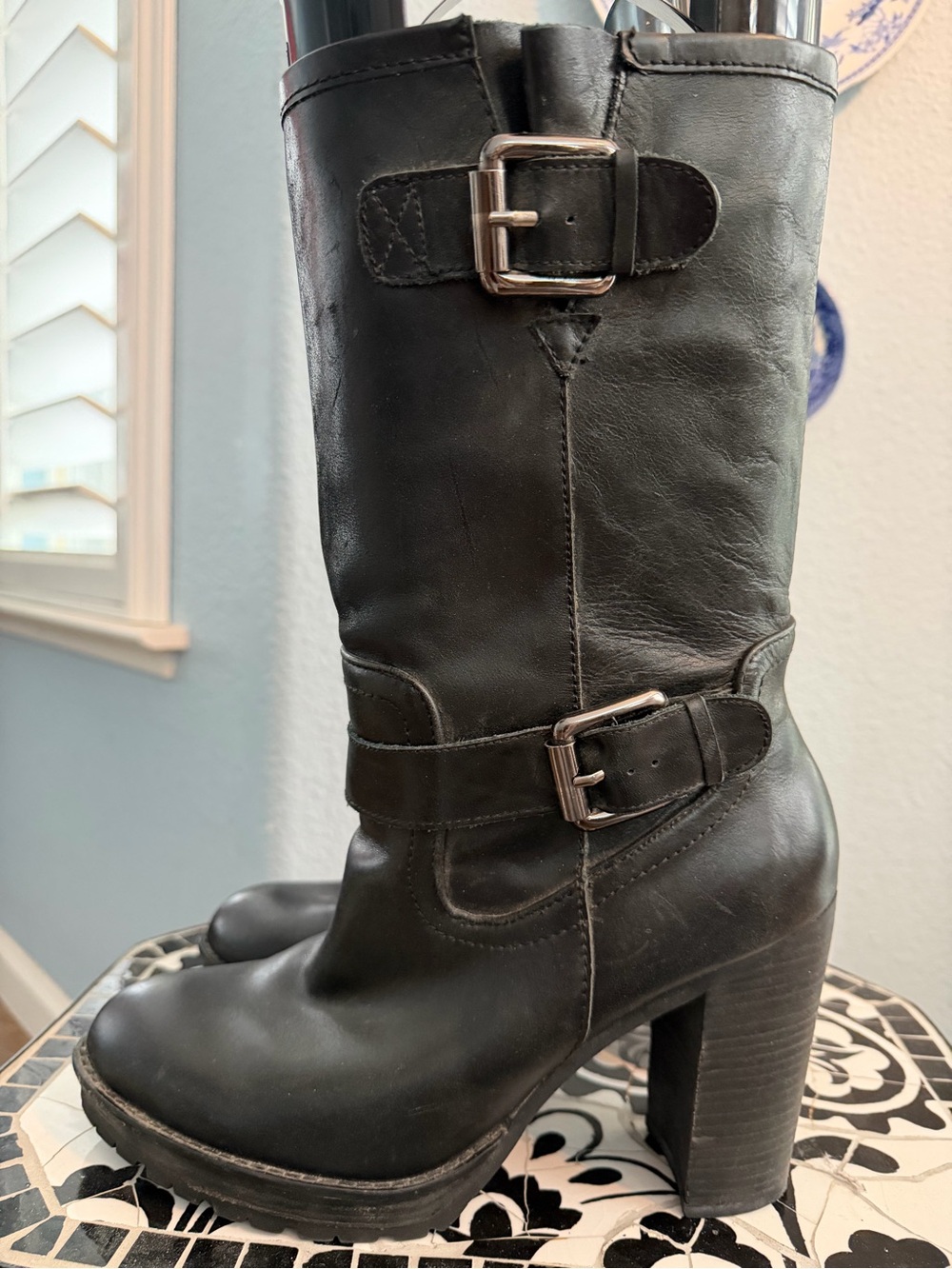 Donald Pliner Black Leather Buckle Mid-Calf Heeled Boots